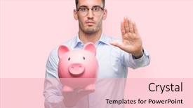  Presentation with piggy bank - Theme enhanced with denial - handsome young man holding background and a lemonade colored foreground