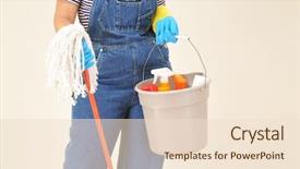  Presentation with holding bucket while water droplet - Theme having denim chemical - woman in overalls holding background and a lemonade colored foreground