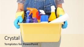  Presentation with cleaning - Slide deck featuring denim chemical - woman in overalls holding background and a blonde colored foreground