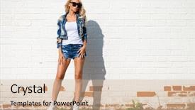  Presentation with white brick wall - PPT layouts consisting of denim jacket and shorts fashion background and a soft green colored foreground