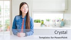  Presentation with arabian woman wearing hijab muslim - Cool new presentation design with denim jacket on white table backdrop and a light blue colored foreground