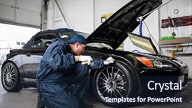  Presentation with sports car - PPT theme with dent - sports car in a workshop background and a wine colored foreground