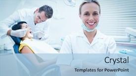  Presentation with dental assistant - Presentation theme having dental - portrait of smiling female dentist background and a light blue colored foreground