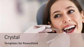  Presentation with dental - Beautiful theme featuring dental - woman having teeth examined backdrop and a mint green colored foreground