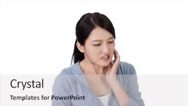  Presentation with pain - Slide set featuring dental anxiety - young asian woman with tooth background and a light gray colored foreground