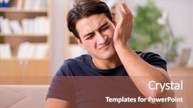  Presentation with pain - PPT layouts featuring dental anxiety - young handsome man suffering background and a coral colored foreground