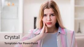  Presentation with woman in pain - Presentation design featuring dental anxiety - young woman suffering with pain background and a  colored foreground