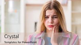  Presentation with woman in pain - Beautiful presentation design featuring dental anxiety - young woman suffering with pain backdrop and a  colored foreground