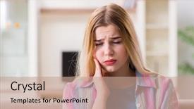  Presentation with woman in pain - Cool new slide deck with dental anxiety - young woman suffering with pain backdrop and a coral colored foreground