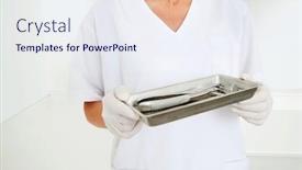  Presentation with dental assistant - Presentation design having dental-assistant-puts-instruments background and a sky blue colored foreground