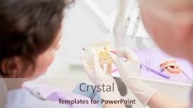  Presentation with dental assistant - Slide deck with dental assistant shows on a denture model the right brushing with the interdental brush background and a lemonade colored foreground