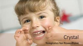  Presentation with dental floss - Presentation theme featuring dental beautiful children smile - cute girl cleaning teeth background and a coral colored foreground