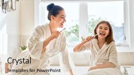  Presentation with dental child - Presentation theme having dental beautiful children smile - happy family mother and daughter background and a lemonade colored foreground