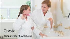  Presentation with displaying a happy mother cudd - Presentation design featuring dental beautiful children smile - happy mother and daughter brushing background and a light gray colored foreground