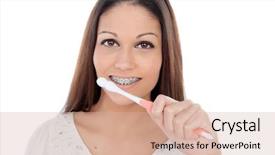  Presentation with pregnant woman cleaning - Cool new presentation theme with dental braces - attractive young woman with brackets backdrop and a soft green colored foreground