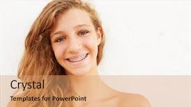  Presentation with girl teens - Cool new presentation theme with dental braces - portrait of teenage girl leaning backdrop and a coral colored foreground