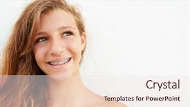  Presentation with girl teens - Beautiful presentation theme featuring dental braces - portrait of teenage girl leaning backdrop and a sky blue colored foreground
