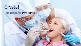  Presentation with dental assistant - PPT theme having dental burs - image of dentist treating woman background and a sky blue colored foreground