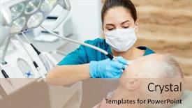  Presentation with drilling - Cool new PPT layouts with dental burs - young dentist drilling tooth backdrop and a coral colored foreground