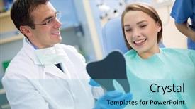  Presentation with show - Slide set consisting of dental care - dentist show teeth to girl background and a light blue colored foreground