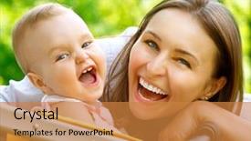  Presentation with portrait happy family smiling - Colorful presentation enhanced with dental care - laughing mother and baby outdoors backdrop and a gold colored foreground