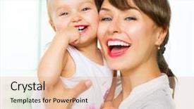  Presentation with portrait happy family smiling - Beautiful presentation theme featuring dental care - mother and baby kissing backdrop and a coral colored foreground