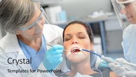 Presentation with professional - Theme consisting of dental check woman patient professional dentist team open mouth background and a light blue colored foreground