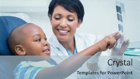  Presentation with dental child - PPT layouts having dental child - female dentist showing young boy background and a light blue colored foreground