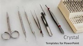  Presentation with clinic - PPT theme having dental-clinic-and-dental-instruments background and a light gray colored foreground