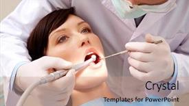  Presentation with woman covering man mouth hand - Slide deck consisting of dental diseas - image of young woman keeping background and a coral colored foreground