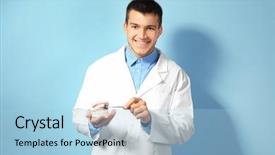  Presentation with jaw - PPT theme having dental diseas - young male dentist with jaw background and a light blue colored foreground