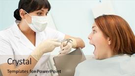  Presentation with doctor patient relations - Theme with dental extraction - portrait of doctor and scared background and a coral colored foreground