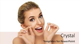  Presentation with human archaeological teeth - Slides with dental floss - young woman flossing her teeth background and a  colored foreground