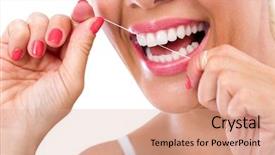  Presentation with dental - Cool new PPT theme with dental flush - woman flossing teeth backdrop and a coral colored foreground