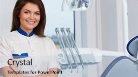  Presentation with dental surgery - Cool new slide deck with dental heal - young beautiful brunette female dentist backdrop and a light blue colored foreground