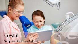  Presentation with dentist - Slide set featuring dental heal - young dentist with touchpad showing background and a coral colored foreground