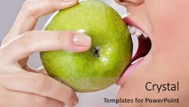  Presentation with beautiful fresh leaves water drops - Slide deck consisting of dental health - beautiful young woman biting background and a coral colored foreground