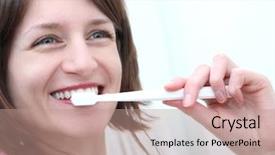  Presentation with dental hygiene - Audience pleasing PPT theme consisting of dental hygiene concept - a close-up view of a beautiful woman brushing her teeth backdrop and a coral colored foreground