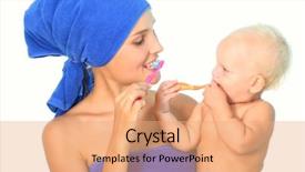  Presentation with mother child - Slide deck consisting of dental hygiene education children - mother and child brushing teeth background and a  colored foreground