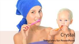  Presentation with parent child teen - PPT layouts enhanced with dental hygiene education children - mother and child brushing teeth background and a coral colored foreground