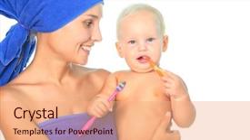  Presentation with mother and child health care - Colorful PPT theme enhanced with dental hygiene education children - mother and child brushing teeth backdrop and a  colored foreground