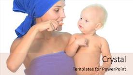  Presentation with mother child - PPT theme consisting of dental hygiene education children - mother and child brushing teeth background and a coral colored foreground