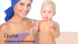  Presentation with mother child - Slide deck with dental hygiene education children - mother and child brushing teeth background and a coral colored foreground