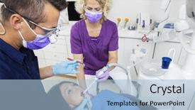  Presentation with dental radiology dentist and assistant - Presentation design enhanced with dental hygienist - dentist with assistant examining patient background and a  colored foreground