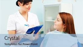  Presentation with patient and doctor - Presentation having dental hygienist - portrait of friendly doctor background and a light blue colored foreground