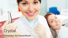  Presentation with drill - Presentation theme having dental hygienist - portrait of pretty doctor background and a lemonade colored foreground