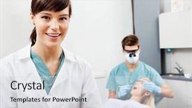  Presentation with dental radiology dentist and assistant - Beautiful presentation theme featuring dental hygienist - portrait of smiling female assistant backdrop and a  colored foreground