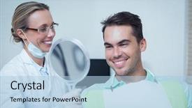  Presentation with gold man smile - Presentation theme with dental hygienist - smiling young man looking background and a light blue colored foreground