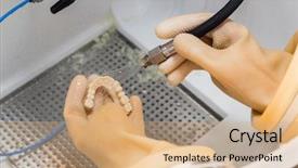  Presentation with dental implant - Colorful PPT layouts enhanced with dental implant bridge in lab backdrop and a coral colored foreground