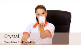  Presentation with dentist - Slide deck having dental implantology - female dentist holding tooth model background and a  colored foreground